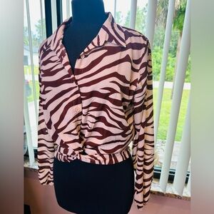 Jon & Anna Brown White Zebra Button Down Shirt Size Large